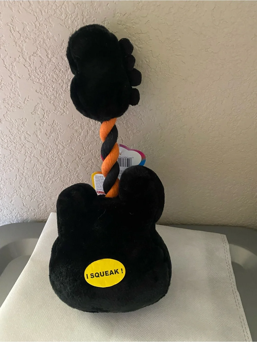 NWT Sergeants Dog Toy Plush Guitar With Rope Squeaky Black Orange 11